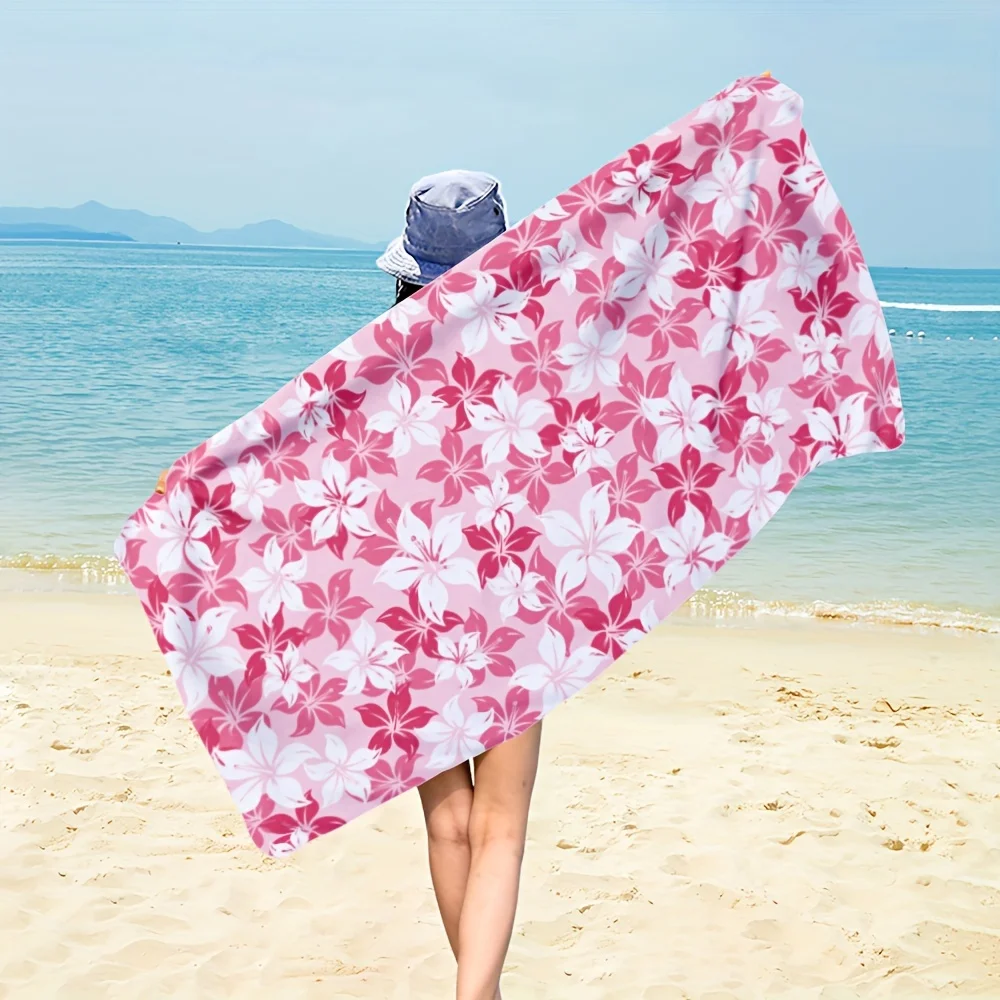 Pink Floral Beach Towel - Hibiscus Flower Print Microfiber Towel, Soft Quick Dry Sand-Free for Travel Pool Summer Vibes