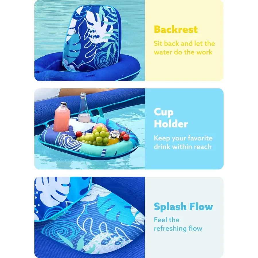 Sloosh piscina flutua espreguiçadeira adulto tecido piscina floaties lounge conversível 2-em-1 flutuante água floaty com porta-copos ajustável