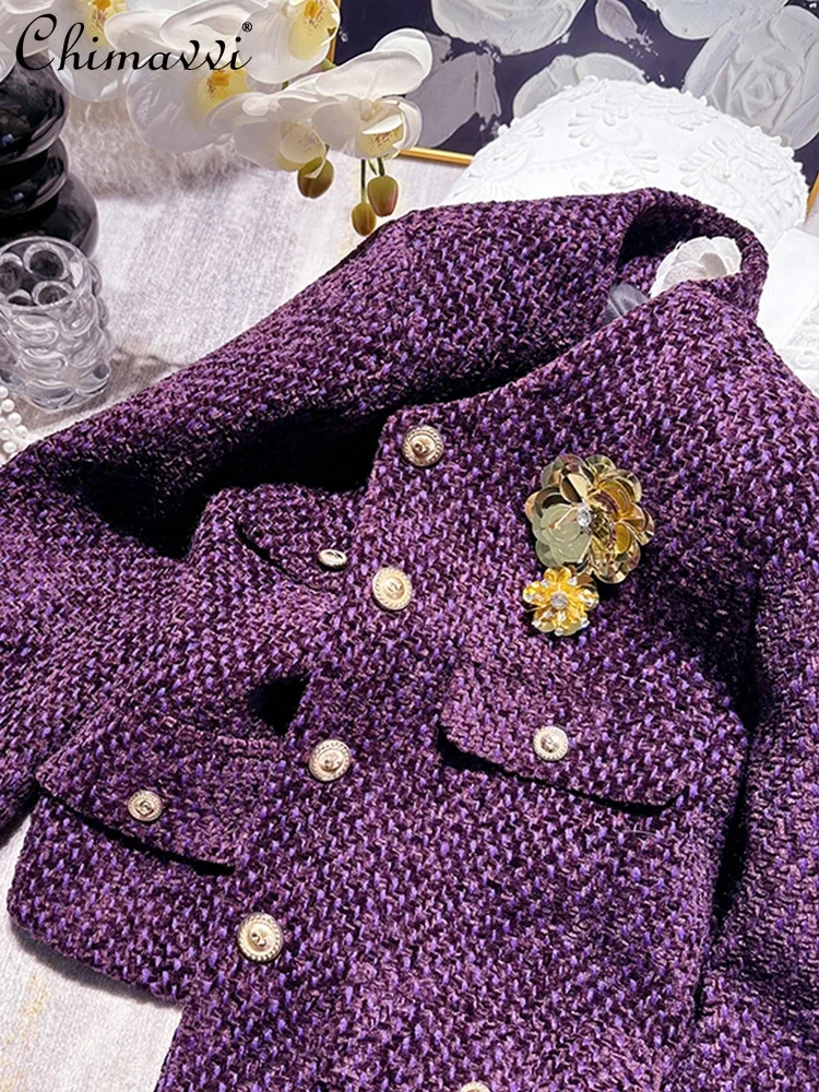 French Three-dimensional Flower Woven Tweed Short Jacket Fashionable Purple Round Neck Long-sleeved Sequined Suit Coat Women