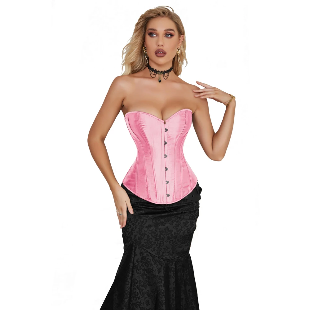 Satin Overbust Corset Plastic Bones Corselet Korset Waist Bustier Top Basques