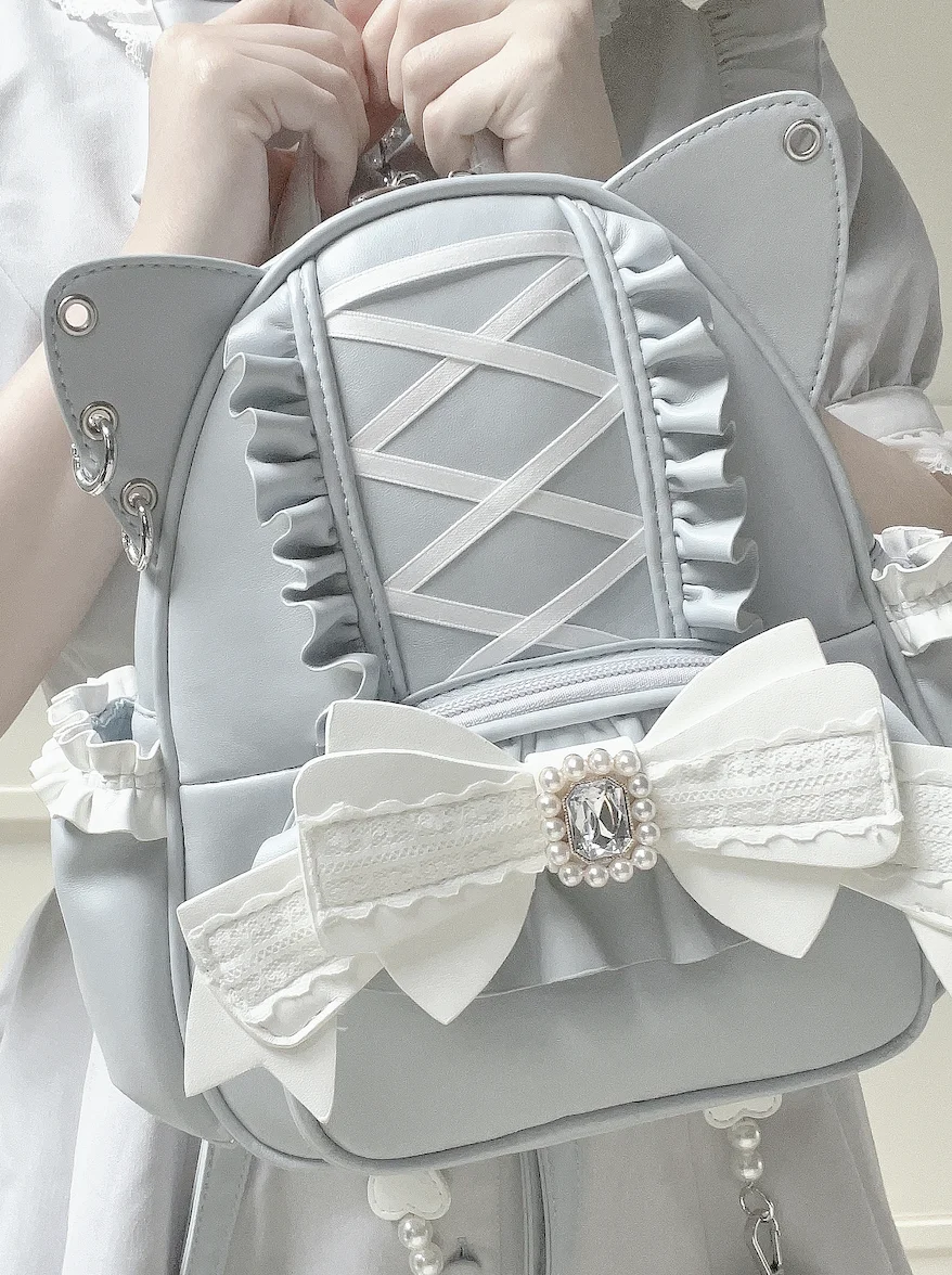 Japanese Mine Style Mass-Produced Lace Stitching Diamond Bow Ruffles Cat Ear Pu Sweet Cute Lolita Kawaii Zipper Backpack Women