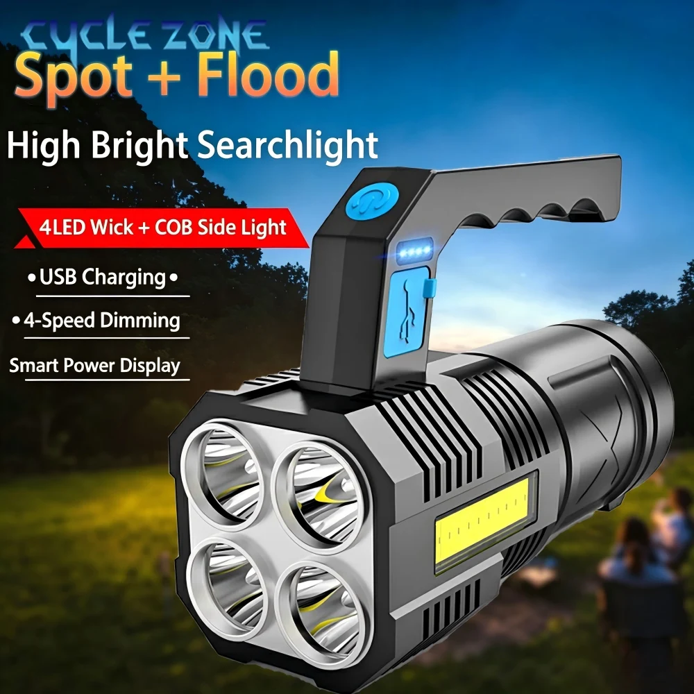 Portable Flashlight with COB Side Light USB Rechargeable 4 LED Handheld Searchlight Working Lamp Outdoor Camping Fishing Hiking