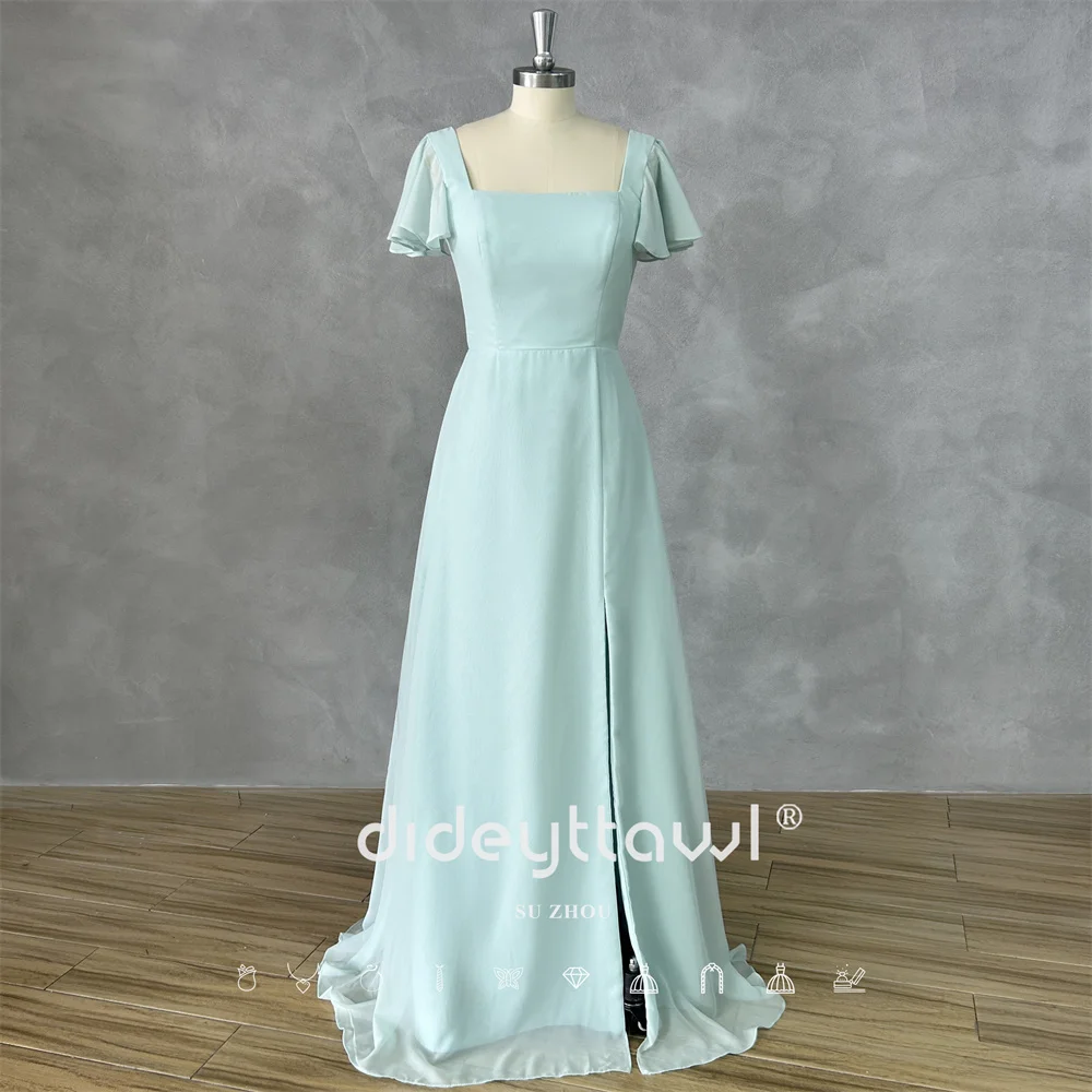 

DIDEYTTAWL Customized Real Photos Square Neck Ruffled Short Sleeves Chiffon Bridesmaid Dress High Waist High Slit Long Gown