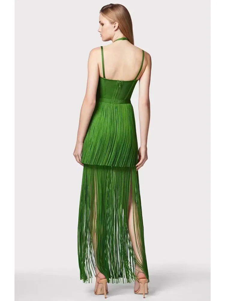 Sexy Backless Tassel Green Ankle Length Bodycon Bandage Club Party Outfit Dresses For Women 2024 Luxury Brand High Quality