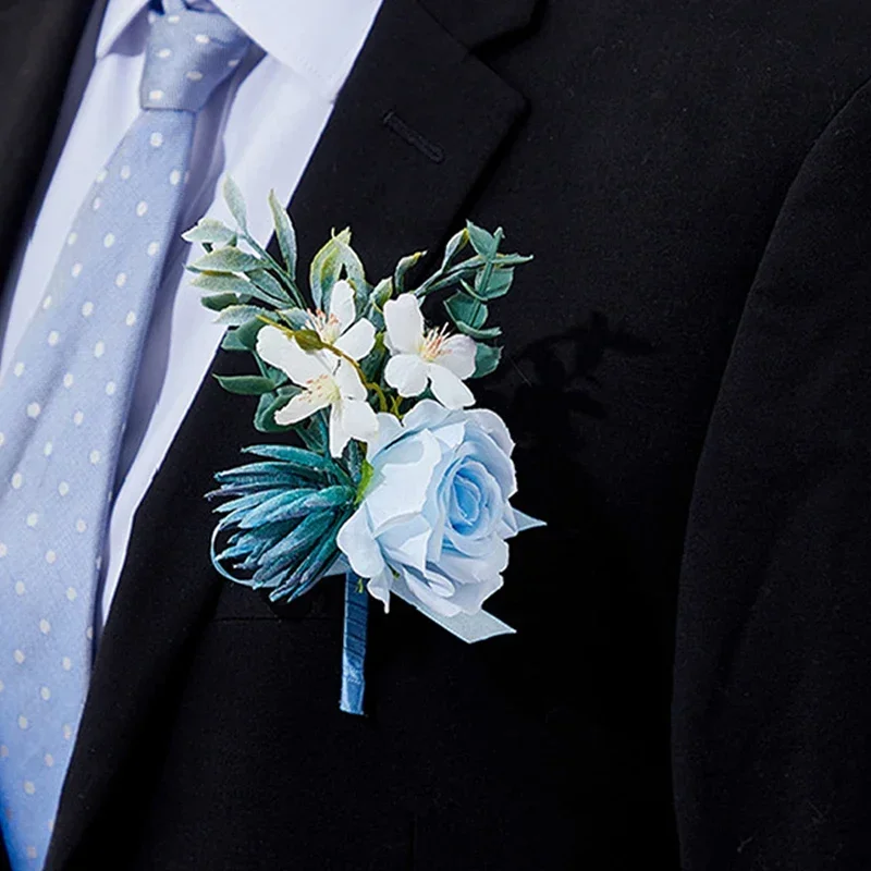 

Blue Lotus Rose Artificial Flowers Corsage and Boutonniere Set, Faux Flower Wrist Corsage Bracelet, Fake Flower Prom Wristlet fo