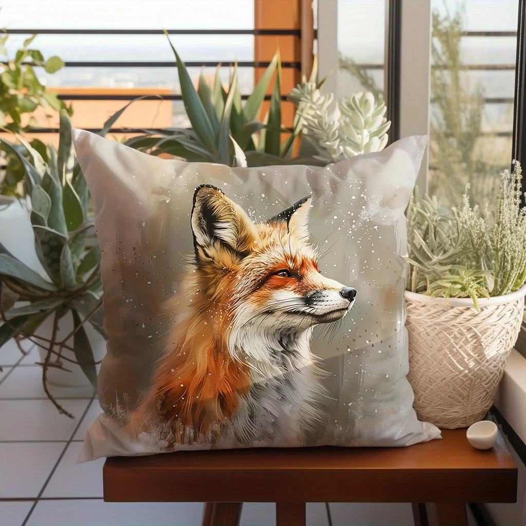 1pc Cute Fox Print Cushion Cover 17.7x17.7 inches - Contemporary Style Polyester fabric Sofa Pillow Case Without Insert