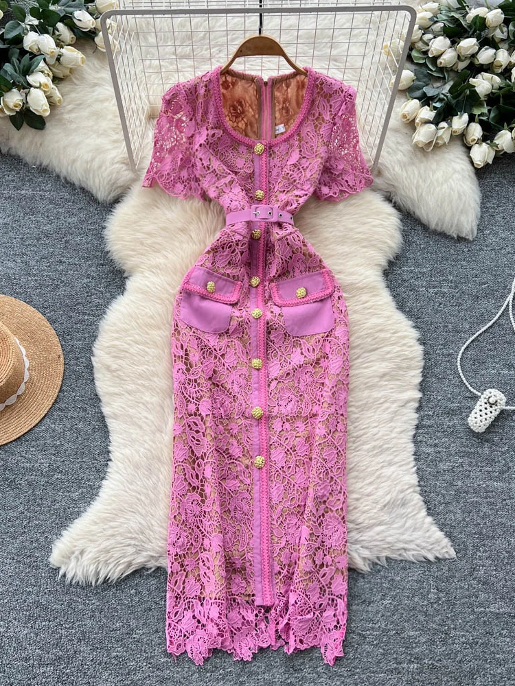 

Elegant Lace Hollow out Square Neck Slim Fit A-Line Dress Women's Summer Metal Buckle Waist Cinched Fashion Commute Style