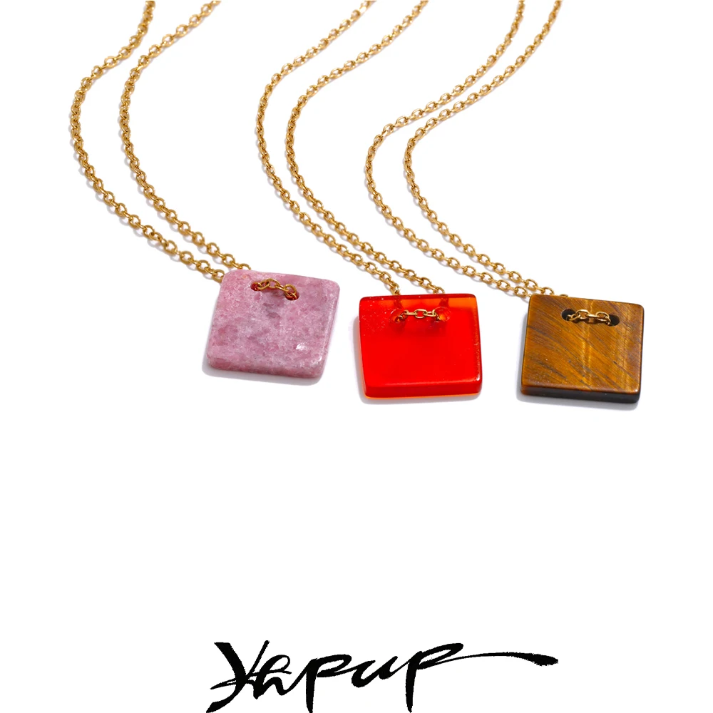 Yhpup Chic Natural Agate Tiger Stone Square Pendant France Naszyjnik ze stali nierdzewnej Prosty, wysokiej jakości wodoodporny prezent jubilerski