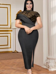 Plus Size Black Dresses High Neck Lace Patchwork Elegant Evening Cocktail Party Gowns Sexy Bodycon Slit Outfits 4XL Summer 2023