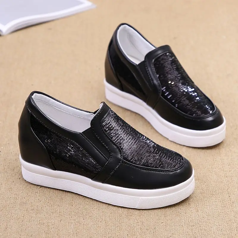 

Women's Slip On Sneakers Glitter Platform Casual Shoes Breathable Inner Height Increasing Loafers Sparkly Lace Up Walking Shoes