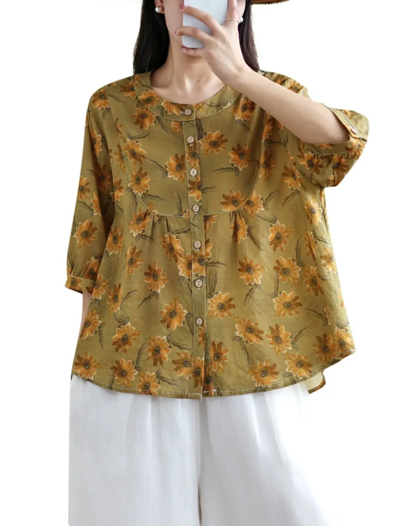 ผ้าฝ้ายลินินเสื้อผู้หญิงฤดูใบไม้ผลิฤดูร้อนแฟชั่นBreathable Healthyแขนสั้นVINTAGEพิมพ์หลวมเสื้อลําลองTops