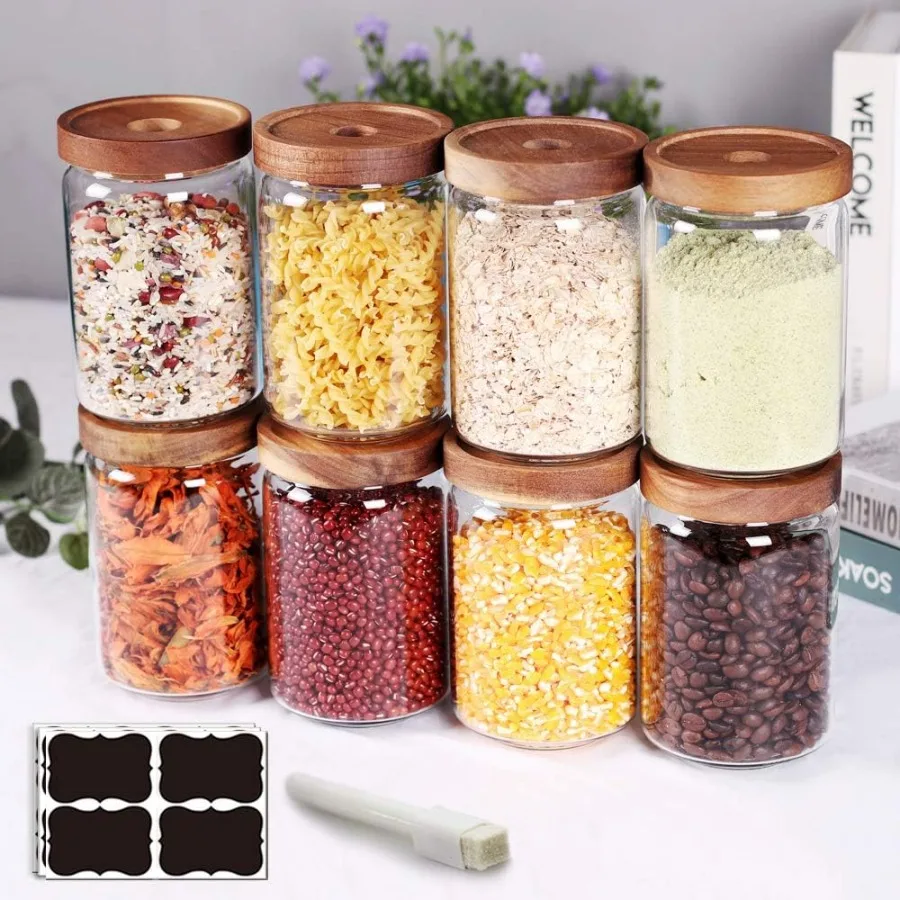 

SAIOOL Stackable Kitchen Canisters Set of 8 High Borosilicate Glass Cylinder Airtight Food Storage Containers for Organizing Te