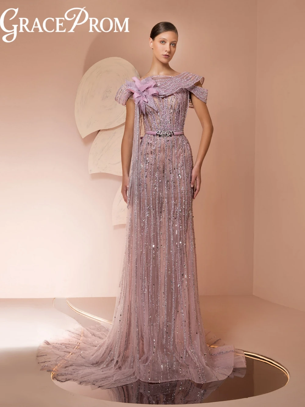 

Light Purple Beaded Evening Dress Luxurious Illusion Off Shoulder Formal Party Gown Customized A-line Floor-length Prom Dresses