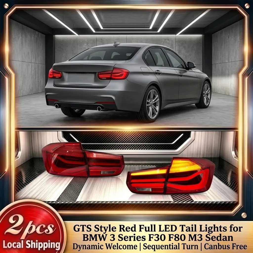 2 Stück E-Mark-Zertifizierte GTS-Style Rote Voll-LED-Rückleuchten für BMW 3er F30 F80 M3 Limousine 2013-2018 Dynamische Willkommens-DRL Sequentielle Bernsteinfarbene Blinkerlinse Canbus-frei