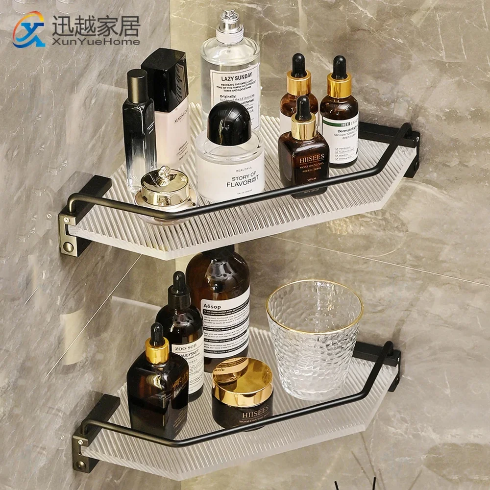 

Bathroom Corner Shelves Shower Gel Holder Transparent Acrylic Black Aluminum Accessories Wall Mount Towel Hanger Storage Shelf