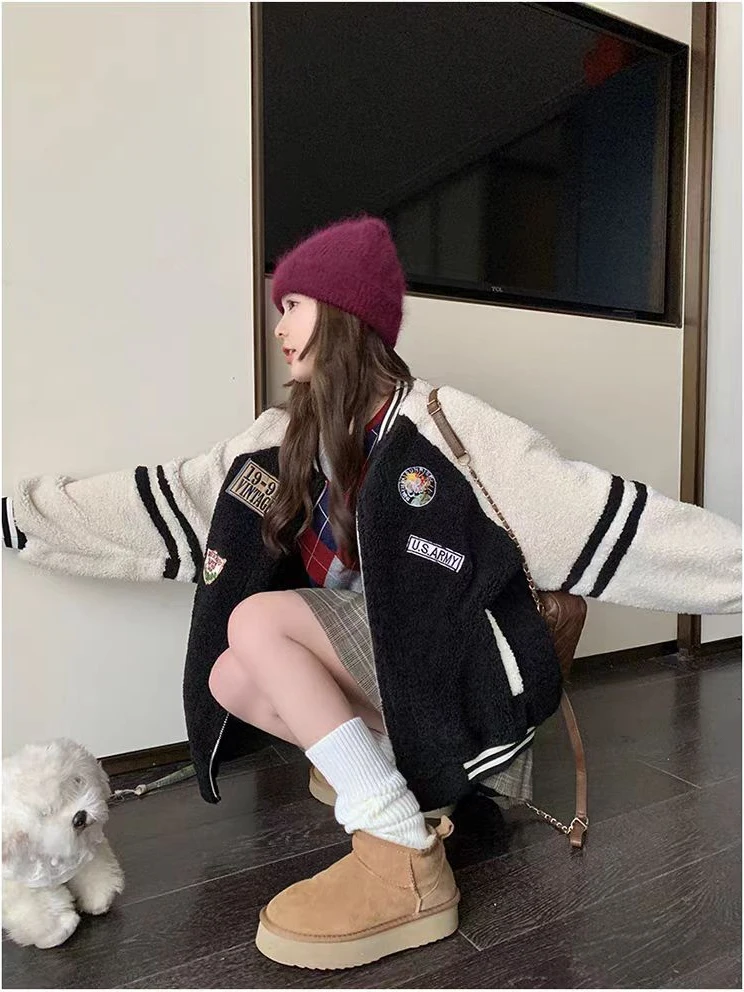 معطف نسائي من فراء الخروف من Thiened معطف بيسبول دافئ النسخة الكورية مجموعة الخريف المرقعة ملابس خارجية #4