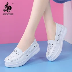 STRONGSHEN Women Nurse Shoes Genuine Leather Hospital Work Shoes Wedges Women Casual Hollow Out Breathable White Platform Shoes