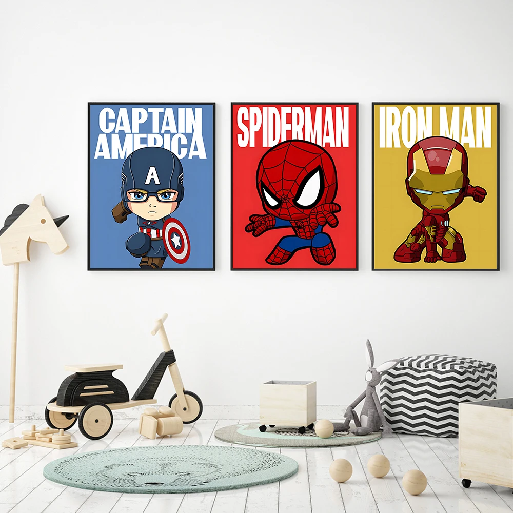 MINISO Cartoon Marvel Superhero Poster SpiderMan Iron Man The Avengers Wall Art Poster HD Canvas Printing kids Room Home Decor