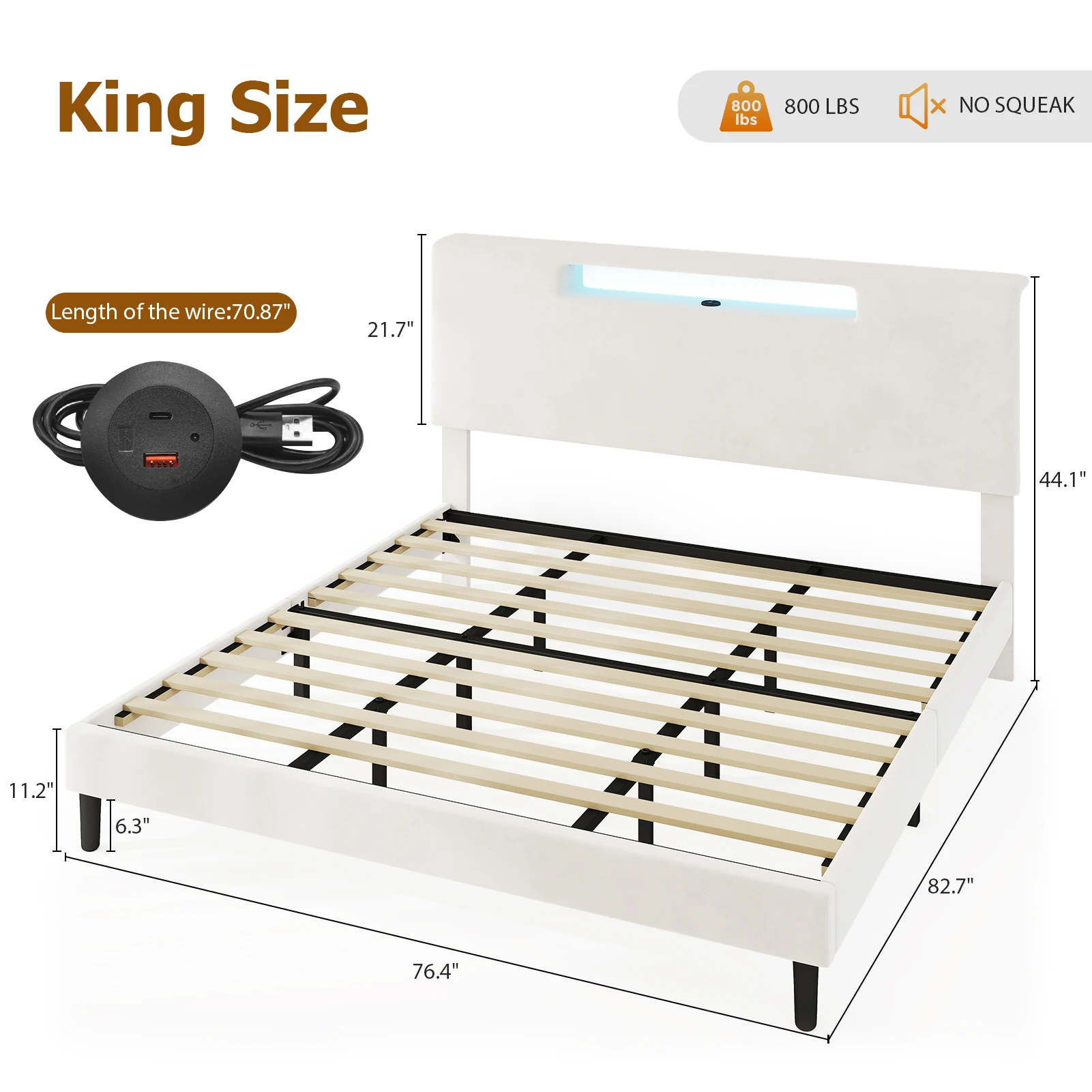 3 Size Upholstered Bed Frame w High Headboard Adjustable LED Lights Charging Port Wood Slat Support Platform Bed Frame Noiseless - view 3