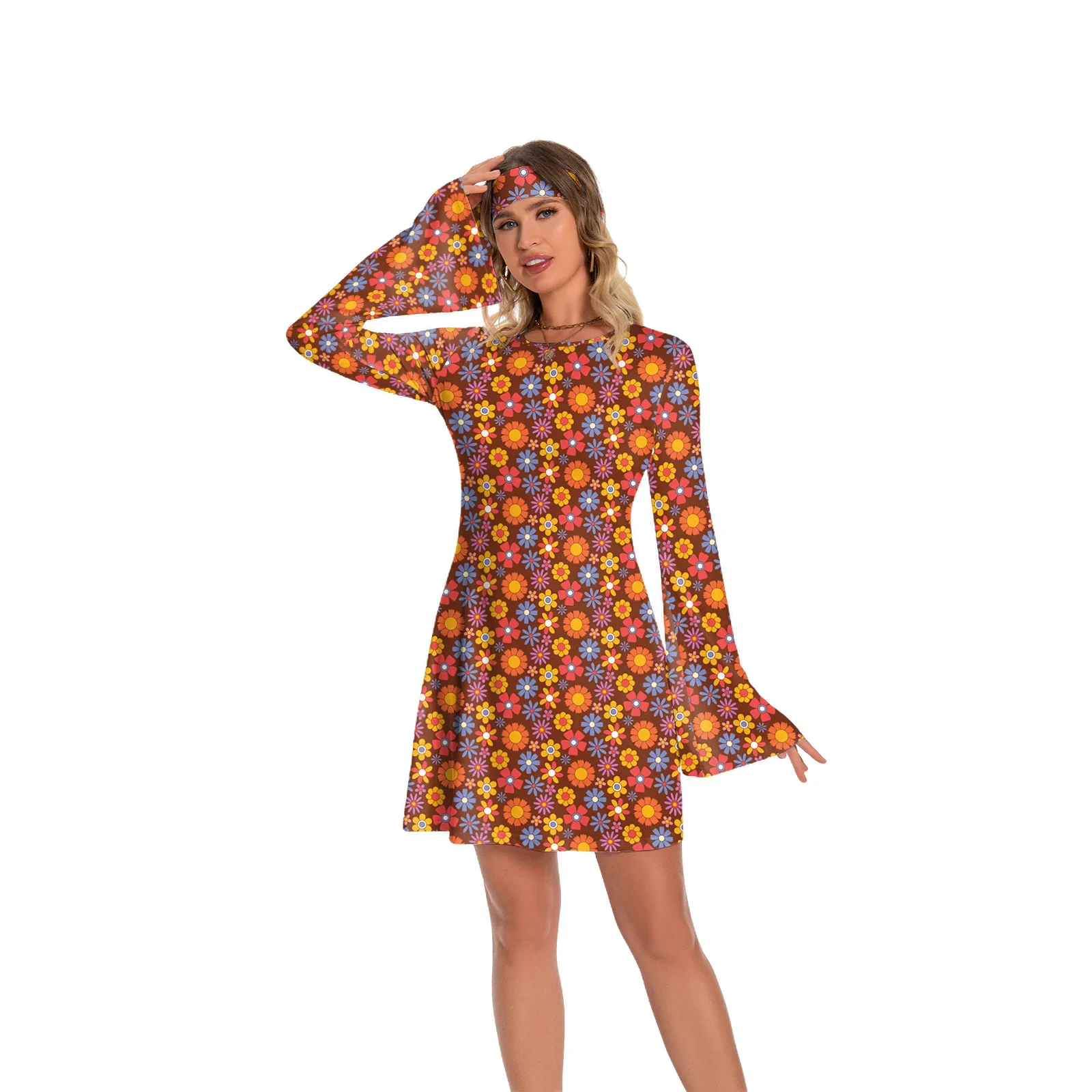 Kleid im Hip-Hop-Stil für Damen, modisches bedrucktes Outfit-Kleid, Urlaubskleidung, 70er-Jahre-Kleid im elektronischen Stil mit ausgestellten Ärmeln, Kostüm für Damen