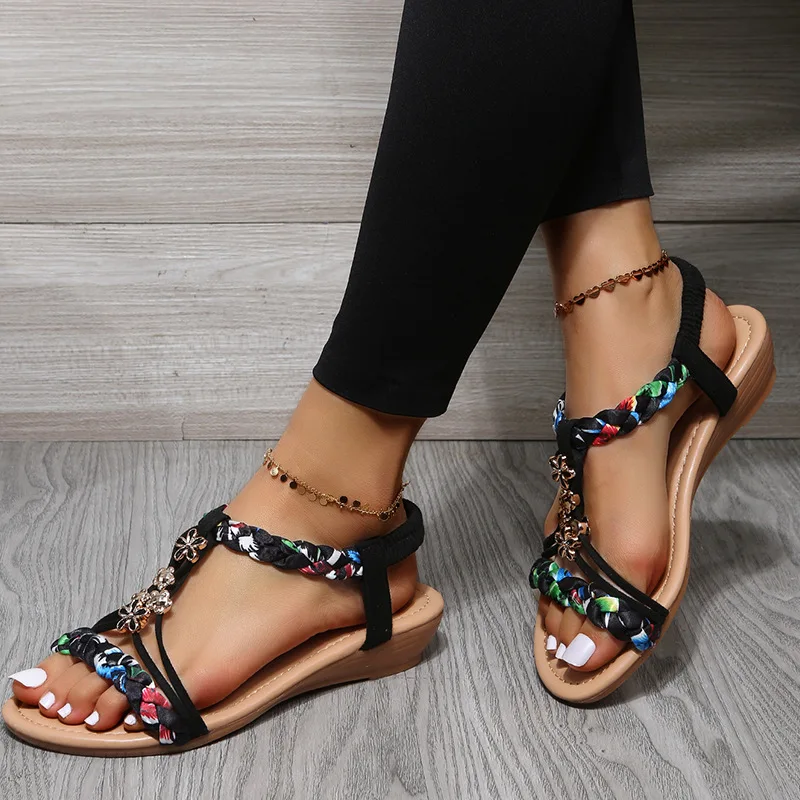 Women Wedges Bohemian Sandals Summer 2023 New In Open Toe Beach Shoes with Low Heels Sandal Lady Casual Sandalias Mujer Verano