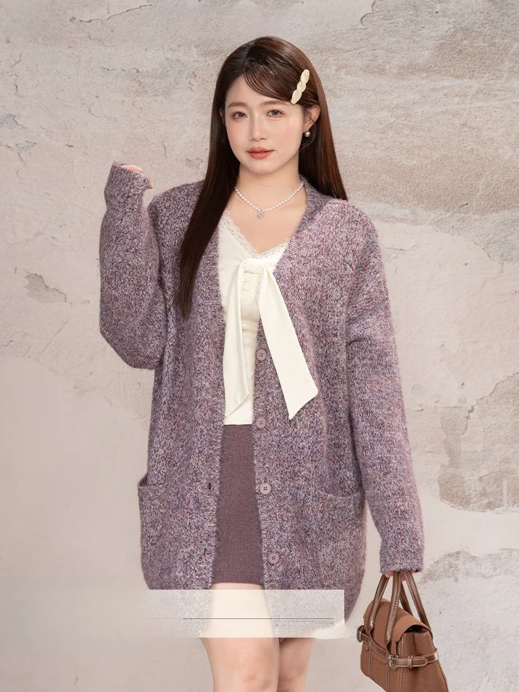 

Heynew: Новая женская вязаная кофта-кардиган больших размеров с V-образным вырезом, повседневная зимняя верхняя одежда, уютный топ в смешанных цветах для полных женщин