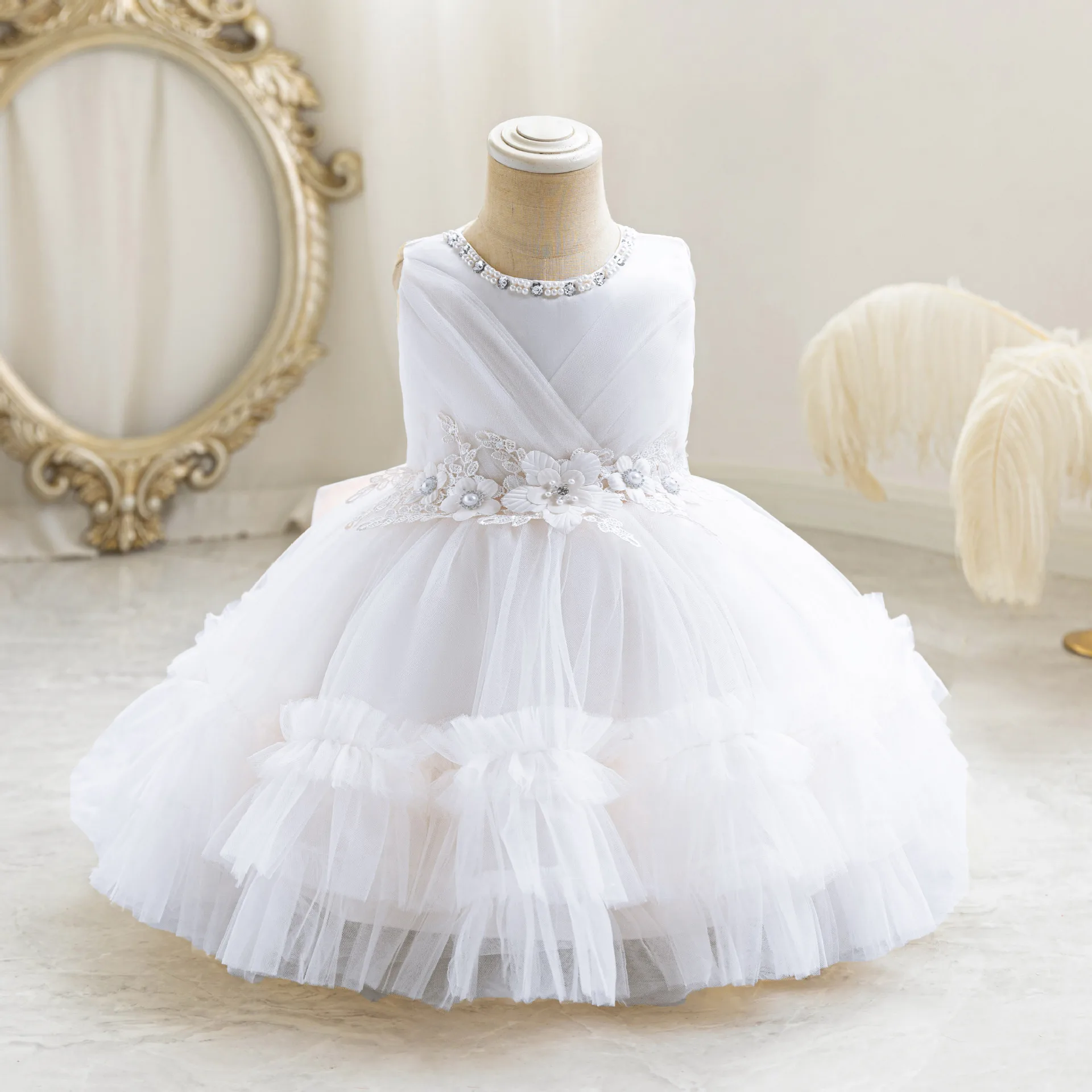 HETISO Baby Girl Dress Tulle Flower Pearl Kids Princess Dresses for Wedding Birthday Party First Communion Toddler Gown