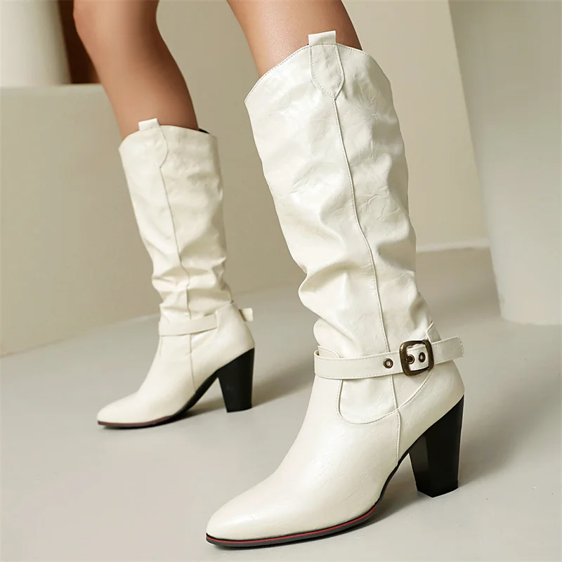 British Style Pointed Toe Chunky Heels Knee Boots Pleated Design Buckle Straps Botas Sewing Belt Burgundy Winter Women Shoes New