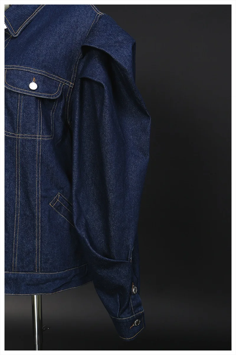 Puff Sleeve Women Denim Coat Glamorous Lapel Single-Breasted Tops Graceful Dark Blue Thickened Loose Jacket New Arrival In Stock