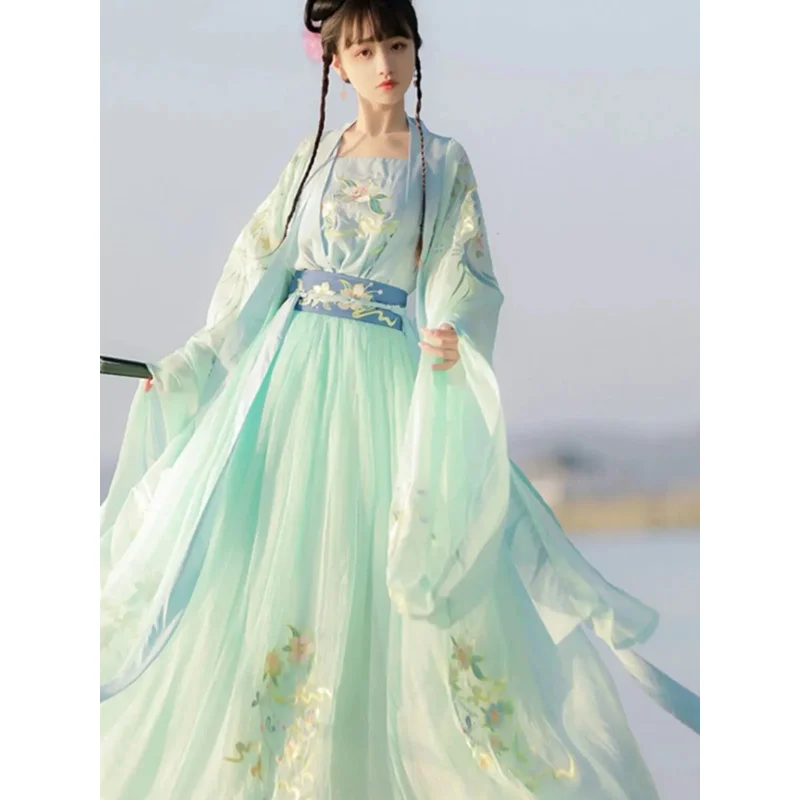 Gaun Hanfu Wanita Pakaian Kostum Cosplay Peri Wanita Hanfu Bordir Tradisional Tiongkok Kuno Gaun Hanfu Musim Panas Wanita