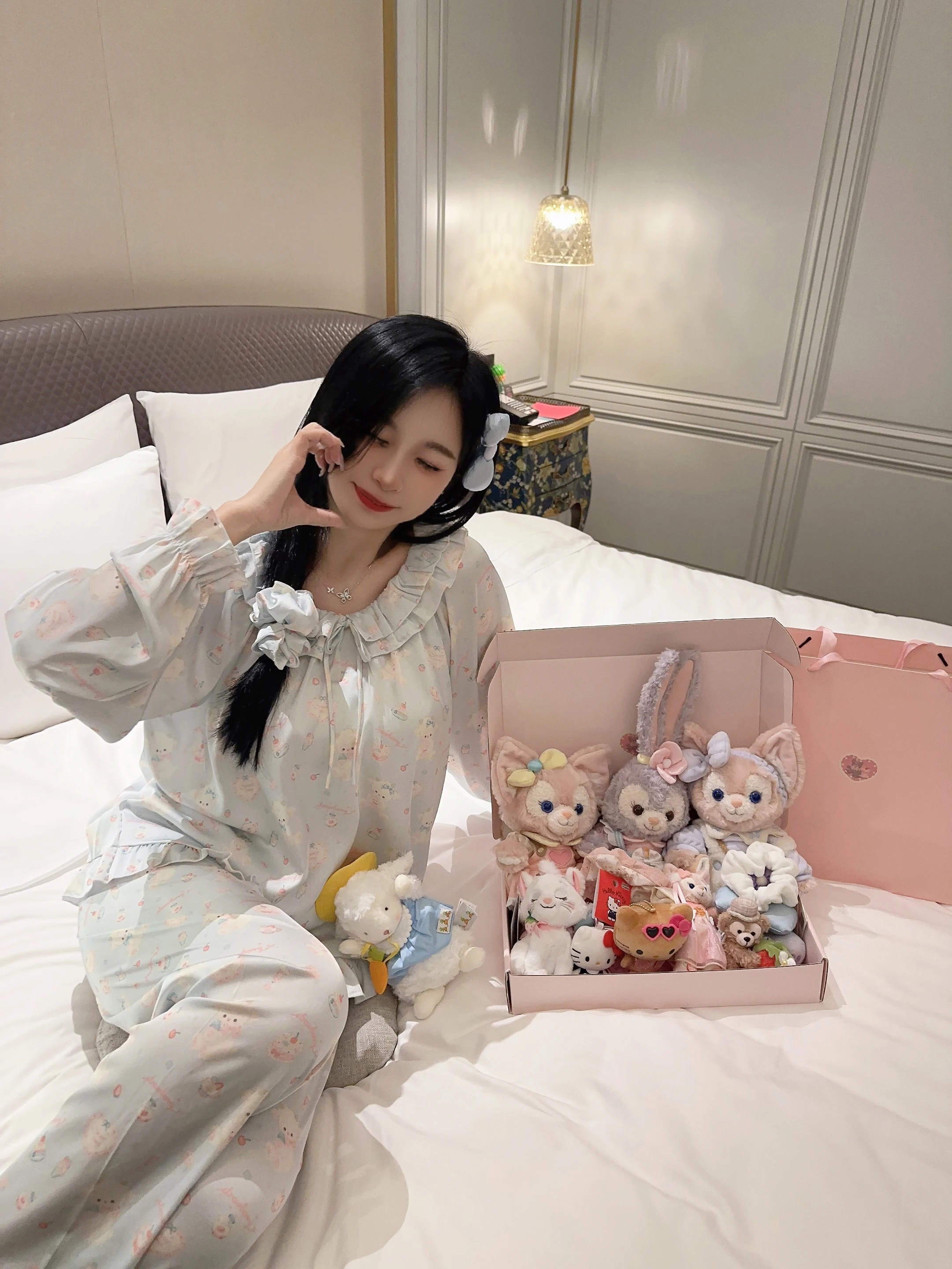 Cute Sweet Girl Japanese Original Satin Ice Silk Pajamas Long Sleeves Doll Collar Cartoon Print Long Sleeves Cool Loungewear