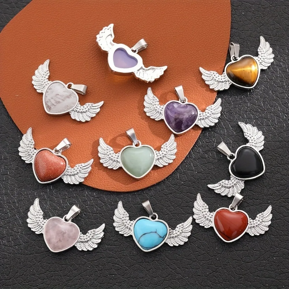

Angel Wing Heart Natural Stone Pendants, Healing Crystal Necklaces for Women
