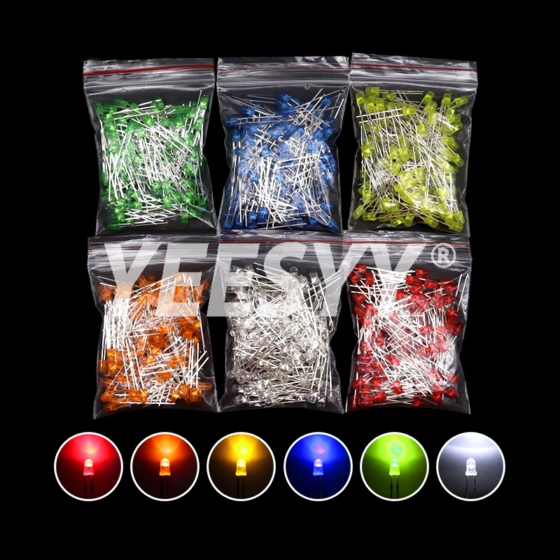 100PCS 3mm LED Diode F3 Assorted Kit Yellow Orange White Green Red Blue Pink Purple Warm White DIY Light Emitting Diode