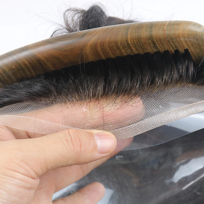 Tahan lama Bio Swiss renda depan & dasar PU rambut palsu pria Indian rambut manusia prostesis sistem rambut pengganti rambut alami