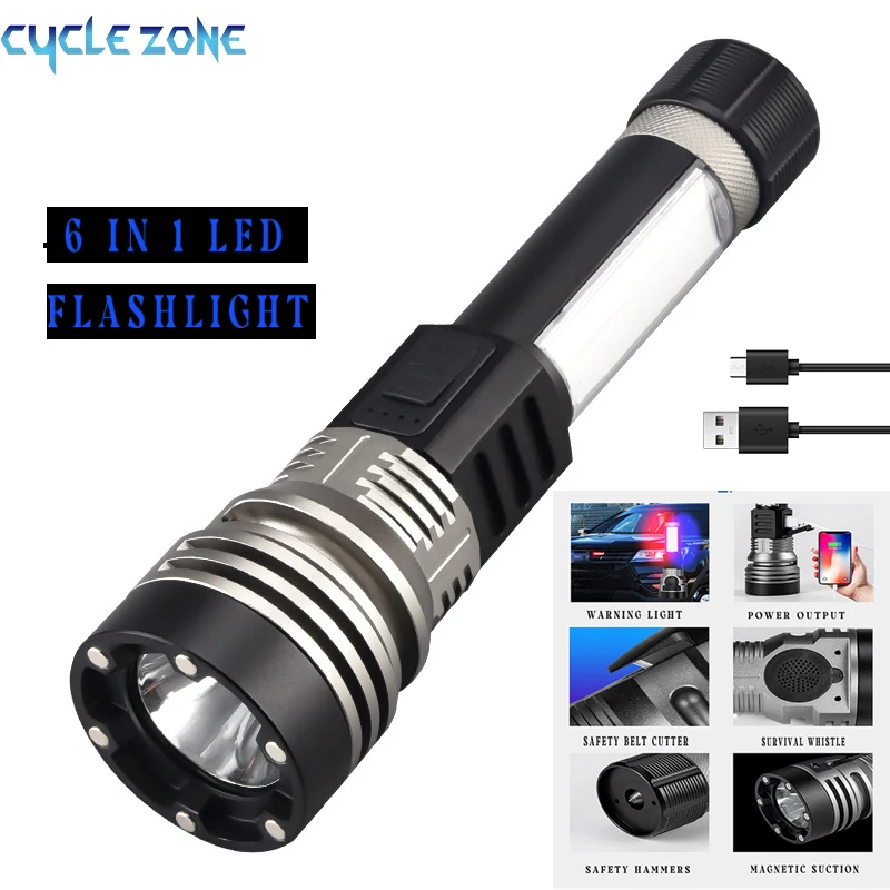 

6-in-1 Self Defence LED Flashlight with Magnetic Charging Emergency Light Outdoor Camping Lamp Safety Hammer Tactical Flashlight