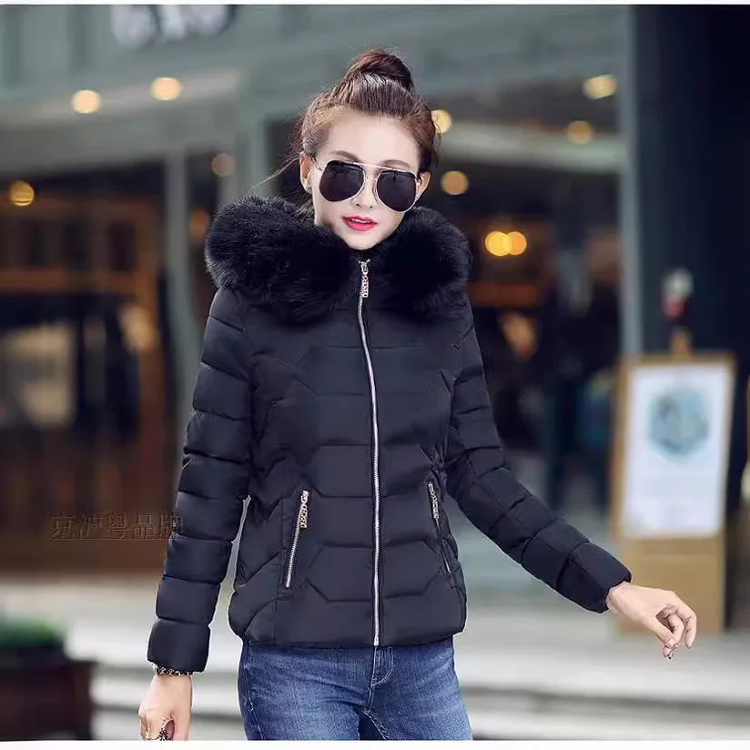 Women Short Parkas Coat Hooded Jacket Oversize Solid Big Fur Collar Long Sleeve Zipper Slim Thick Office Lady Casual 2025 Winter