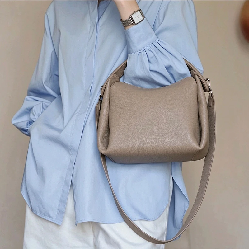 Women Genuine Leather Tote Bag 100% Real Leather Wide Straps Shoulder Bag Elegant Luxury Doctor Bag Grey Black Ladies Handbag