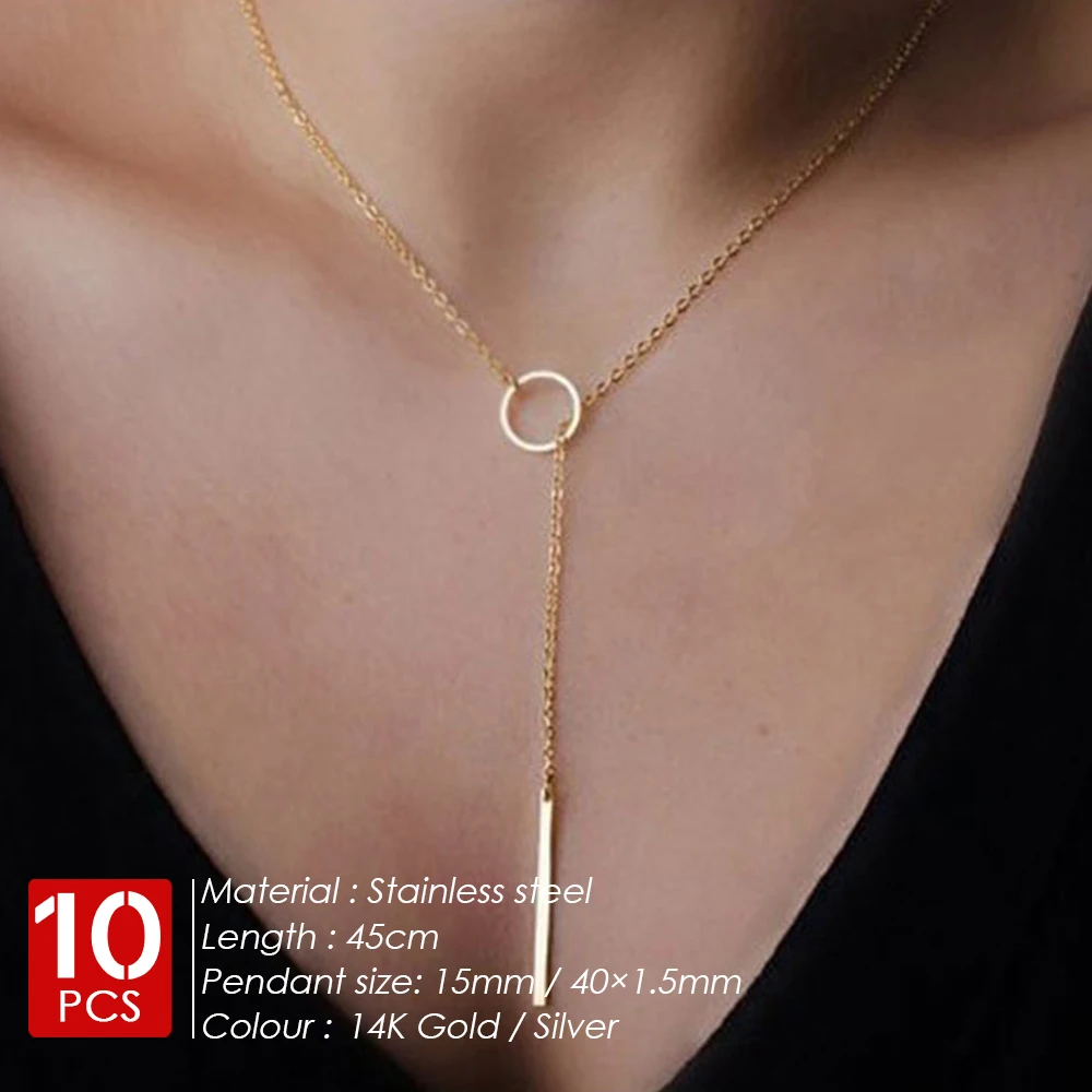 eManco 10PCS Minimalist Round Stick Pendant Necklace for Women Pearl Clavicle  Leaves Long Chain Fashion Jewelry Statement Girl