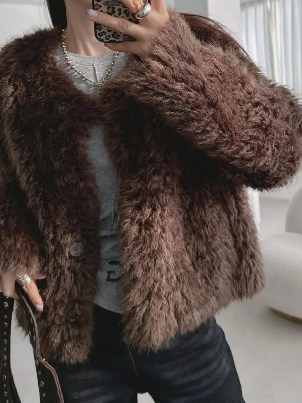 Cappotto da donna in pelliccia di agnello retrò chic Jaet, caldo e rotondo, con bottone singolo, in pelle ecologica, in poliestere alternativo...