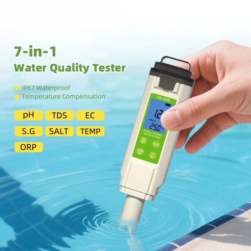 

7-in-1 Salinity Tester for Saltwater Pool PH TDS EC ORP S.G. & Temperature Monitoring Waterproof & Accurate for Sea Water Qualit