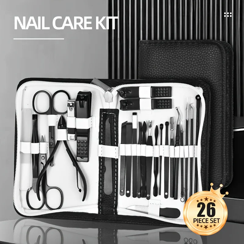 

26 шт., новый набор кусачек для ногтей из нержавеющей стали, набор инструментов для ухода за ногтями с портативным футляром, инструмент для маникюра, резка ногтей