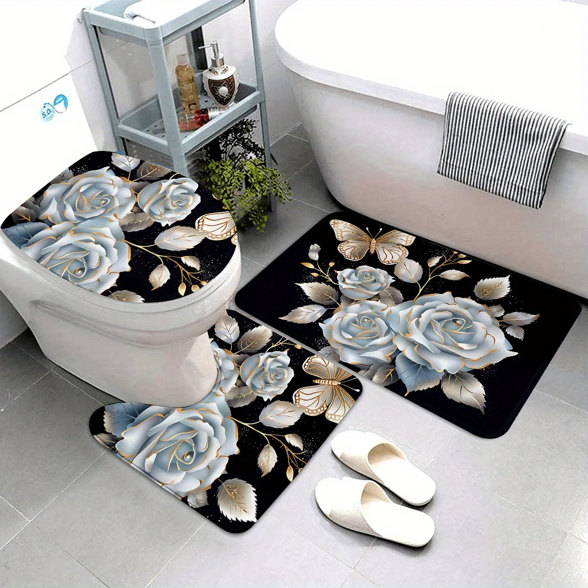 

Элегантный комплект для ванной комнаты из 3 предметов с принтом розы и бабочки, полиэфирная ткань, U-образный коврик, коврик для сиденья унитаза, нескользящий напольный коврик