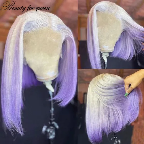 Imagen 2 del producto 60 pelucas de Bob corto púrpura, pelucas de cabello humano con encaje frontal 13x4 para mujer, peluca Bob recta brasileña de color rubio degradado prearrancada
