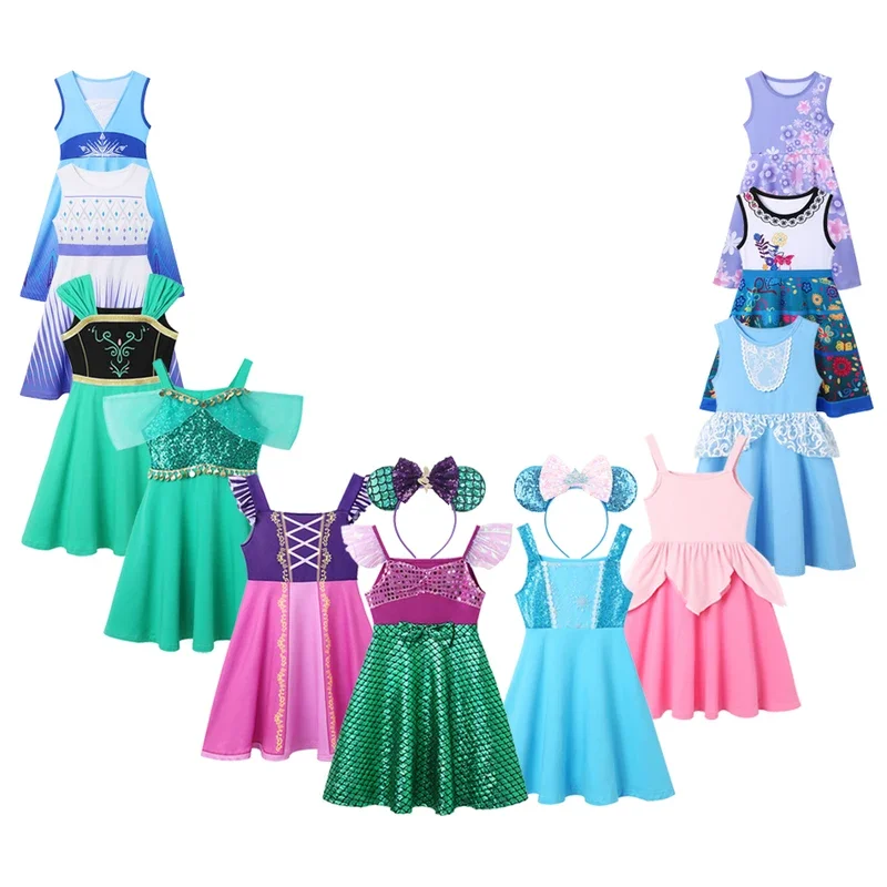 Disney Summer Princess Dress For Girls Mermaid Ariel Rapunzel Casual Dress Kids Frozen Elsa Anna Aurora Cinderella Party Clothes