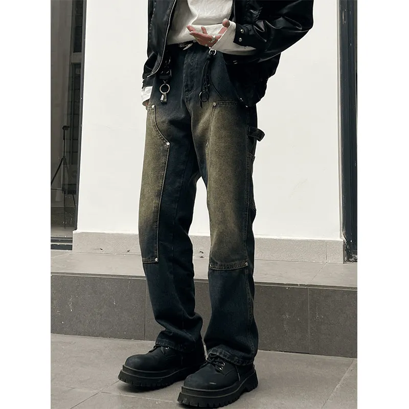 

American High Street Patchwork Jeans Men's Waed Double Knee Logging Pants Slimming Loose Casual Versatile Workwear