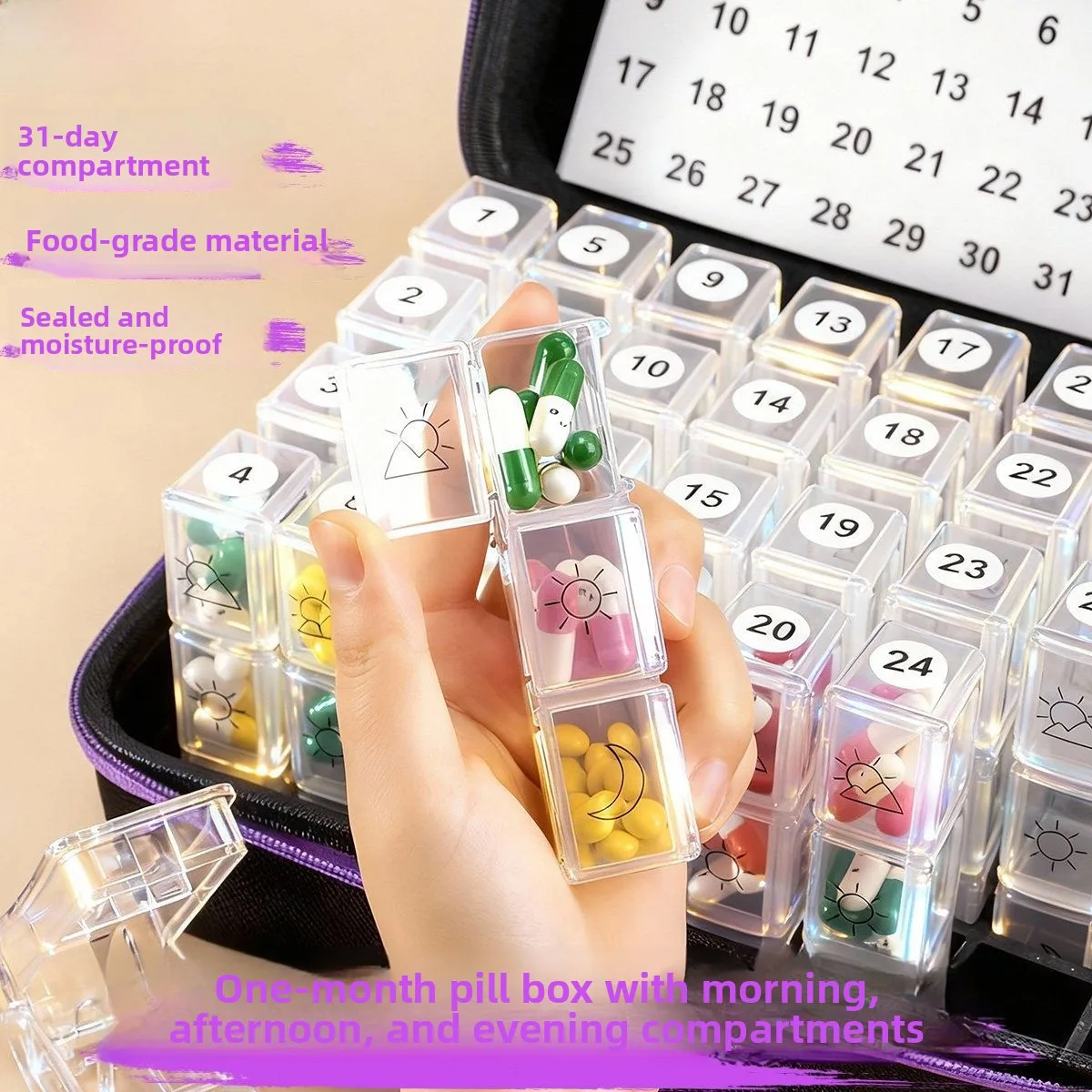 

Portable Large Capacity Medicine Box Sealed One Month Supply Three times a Day Food Grade Medical Use Positive Rich Brand