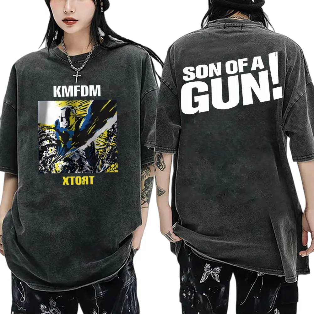 

Rock Band KMFDM XTORT Vintage acid wash T-Shirts Men's and Women's Fashion Retro Gothic Streetwear Casual Oversized Tops