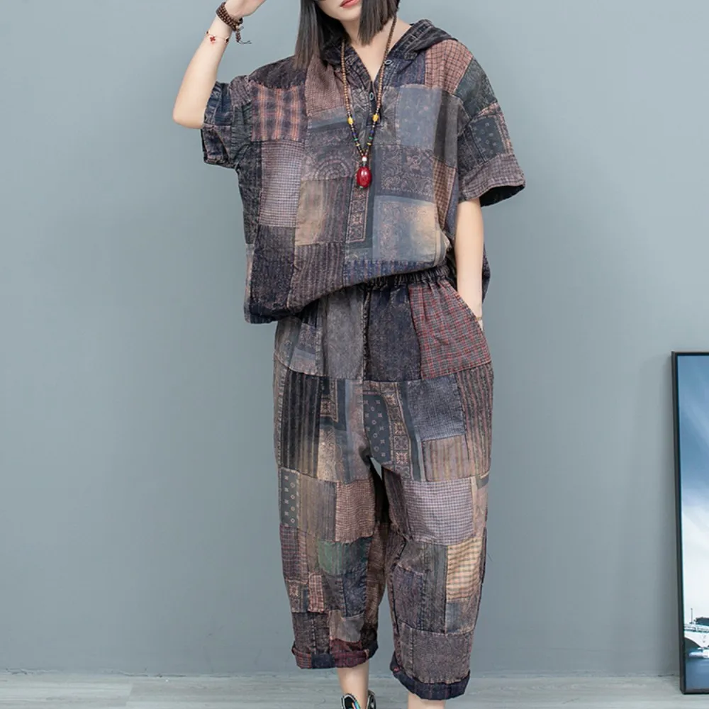 Printed Patchwork Old Fabric Hooded Short Sleeved Top + Cropped Pants Two-piece Set Women 2024 Spring Summer Pant Set LX1003