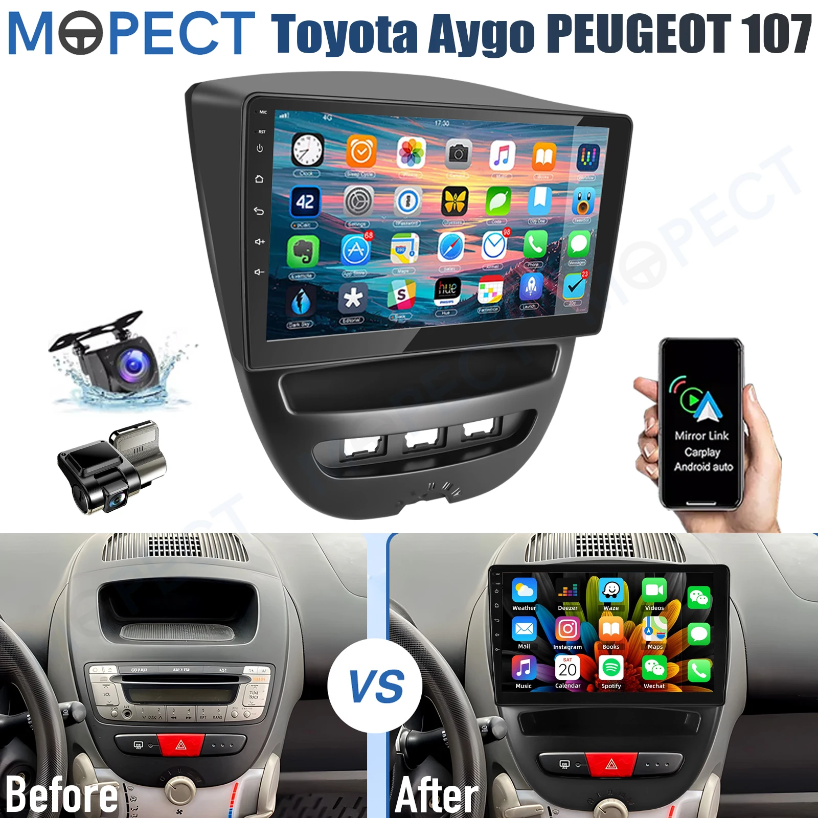 MOPECT 10.1" Android 15 autoradio voor Toyota Aygo / PEUGEOT 107 / Citroen C1 2005-2014 WiFi Carplay 4G+64G SWC FM+DVR&CAM