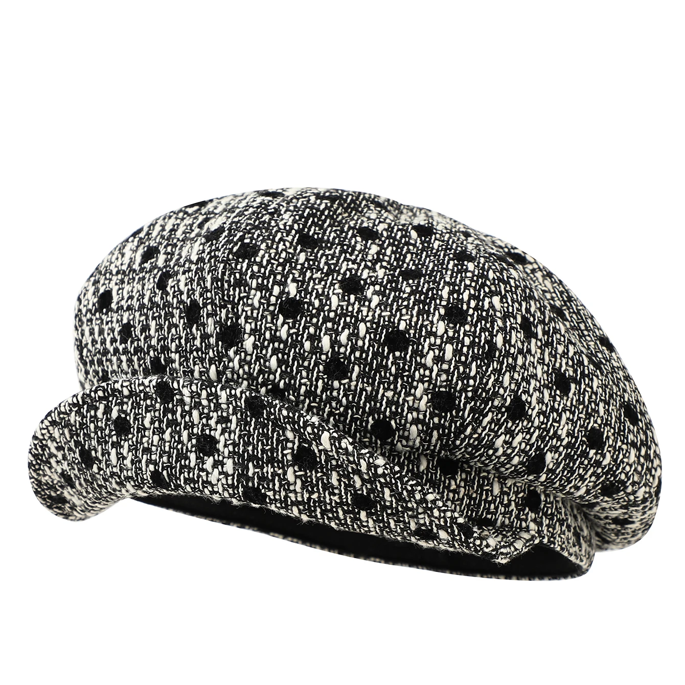 French retro-style full-patterned polka dot tweed octagonal newsboy cap, suitable for daily commuting and casual outings